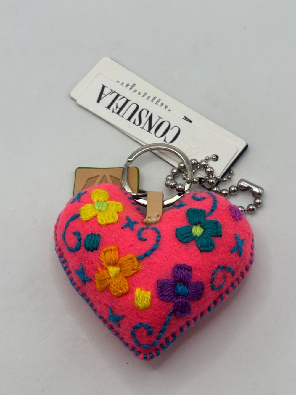 Consuela Corazon Grande Pink Charm hand-embroidered bag charm keychain Boho NWT